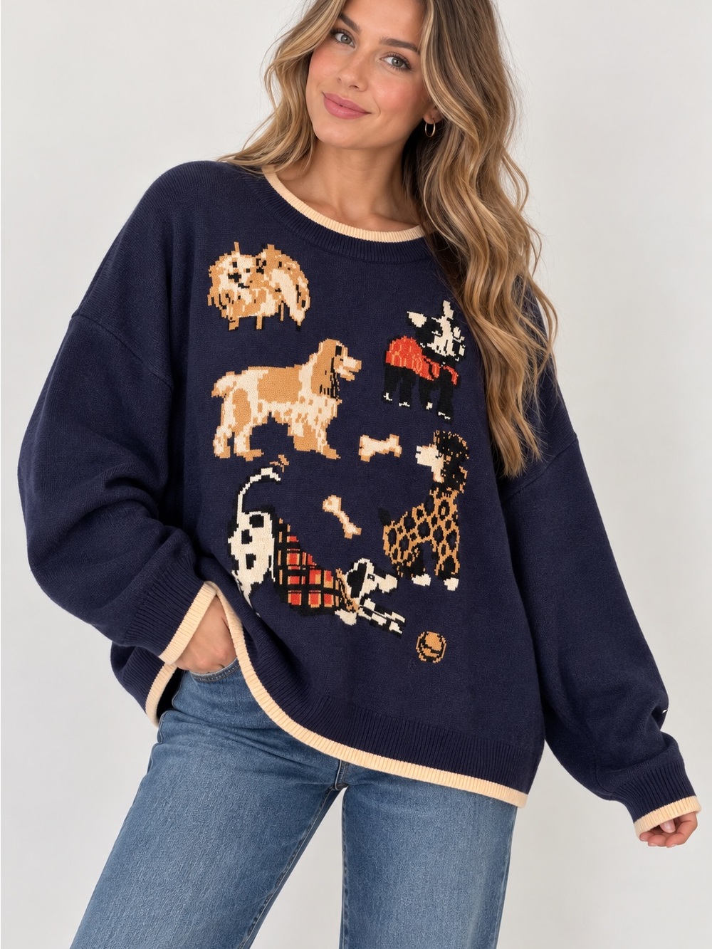 Cider 4XL Navy Blue Dog Print Sweater Oversized Animal Novelty Knit NWT Fall